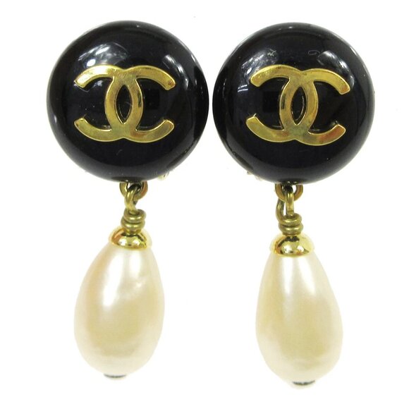 Chanel Artificial Pearl Dangle Earrings Clip-On Black White - Picture 1 of 4